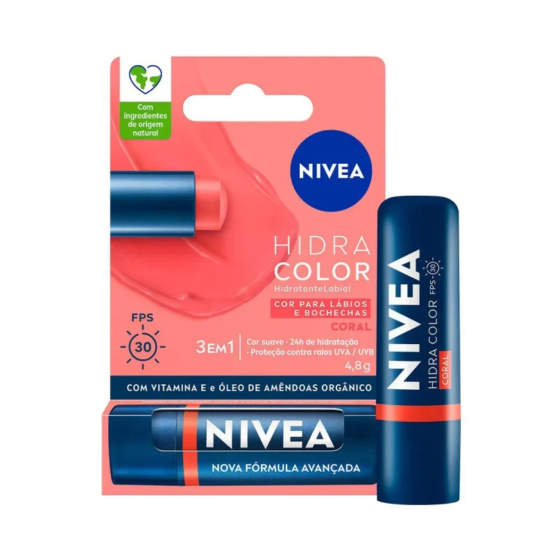 Hidratante Labial Nivea Hidra Color Coral FPS 30 4,8g 