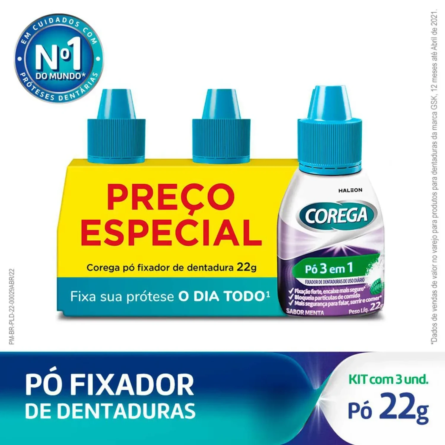 Pó Fixador de Dentadura Corega 3 em 1 Menta 22g, com 3 unidades (1/1)