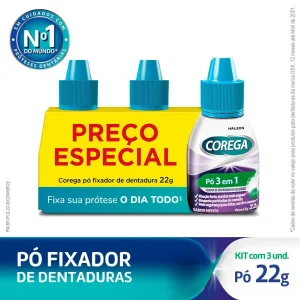 Pó Fixador de Dentadura Corega 3 em 1 Menta 22g, com 3 unidades