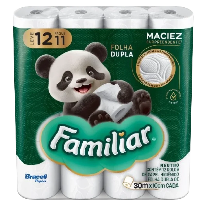 Papel Higiênico Familiar Neutro Folha Dupla 30m, com 12 rolos