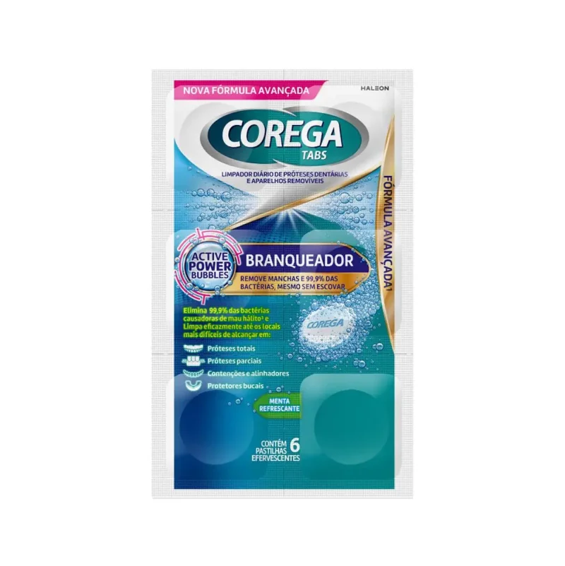 Limpador de Próteses Dentárias Corega Tabs Branqueador, com 6 pastilhas efervescentes