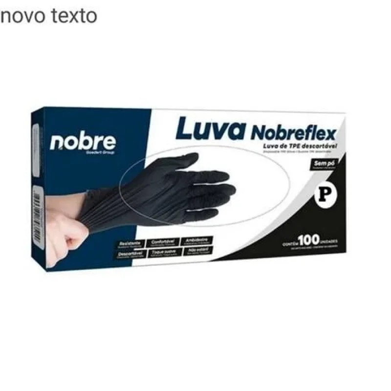 Luva Descartável TPE Sem Pó Preta Nobreflex P, com 100 unidades