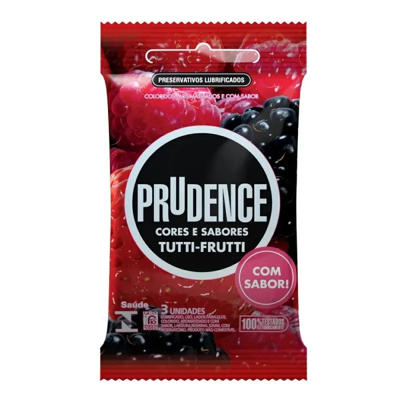 Preservativo Prudence Cores e Sabores Tutti-Frutti, com 3 unidades