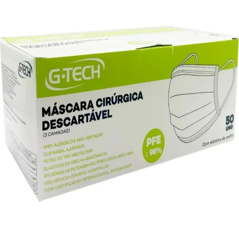 Máscara Cirúrgica Descartável G-Tech, com 50 unidades