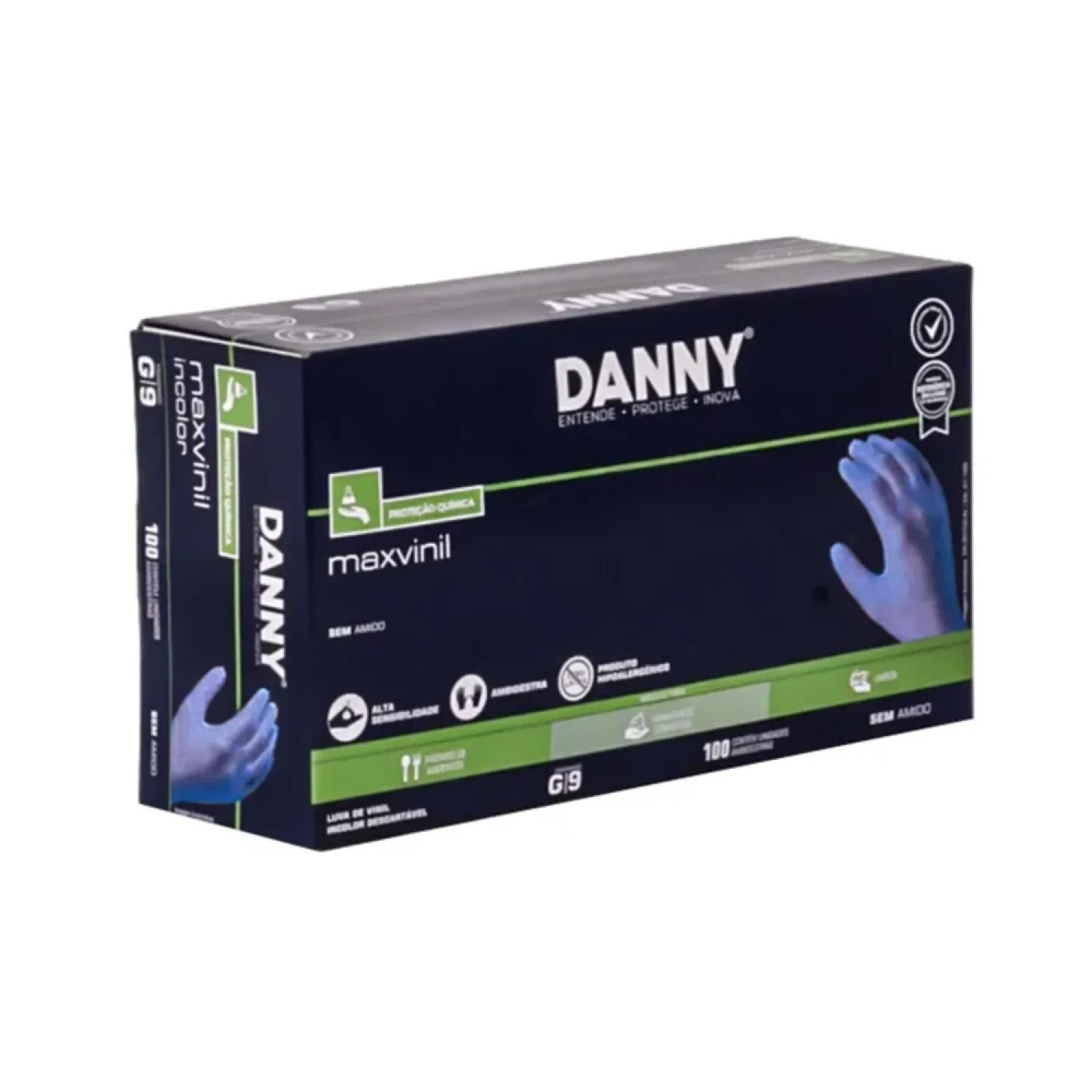 Luva Descartável Vinil Sem Pó Azul Danny MaxVinil G, com 100 unidades (1/1)