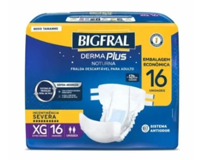 Fralda Geriátrica Bigfral Derma Plus Noturna XG, pacote com 16 unidades