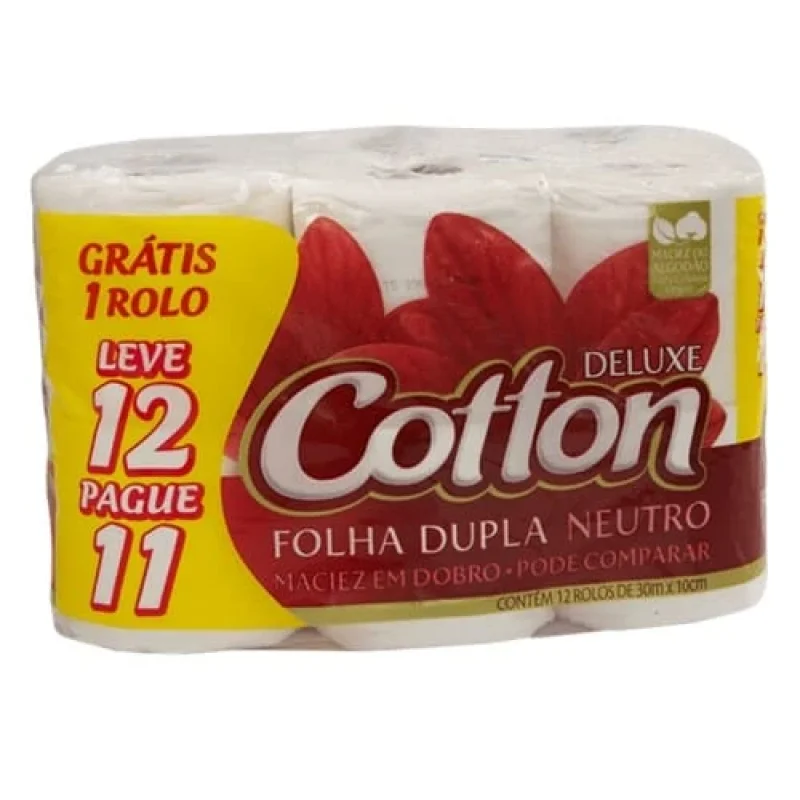 Papel Higiênico Cotton Folha Dupla 30m, com 12 rolos