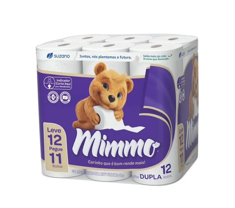 Papel Higiênico Mimmo Folha Dupla 30m, com 12 rolos