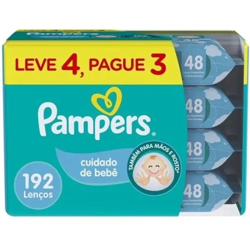 Lenço Umedecido Pampers Cuidado de Bebê 4 pacotes com 48 unidades cada