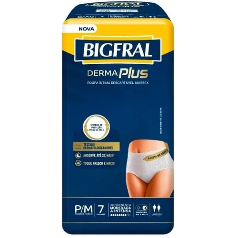 Roupa Íntima Descartável Bigfral Derma Plus P/M, pacote com 7 unidades