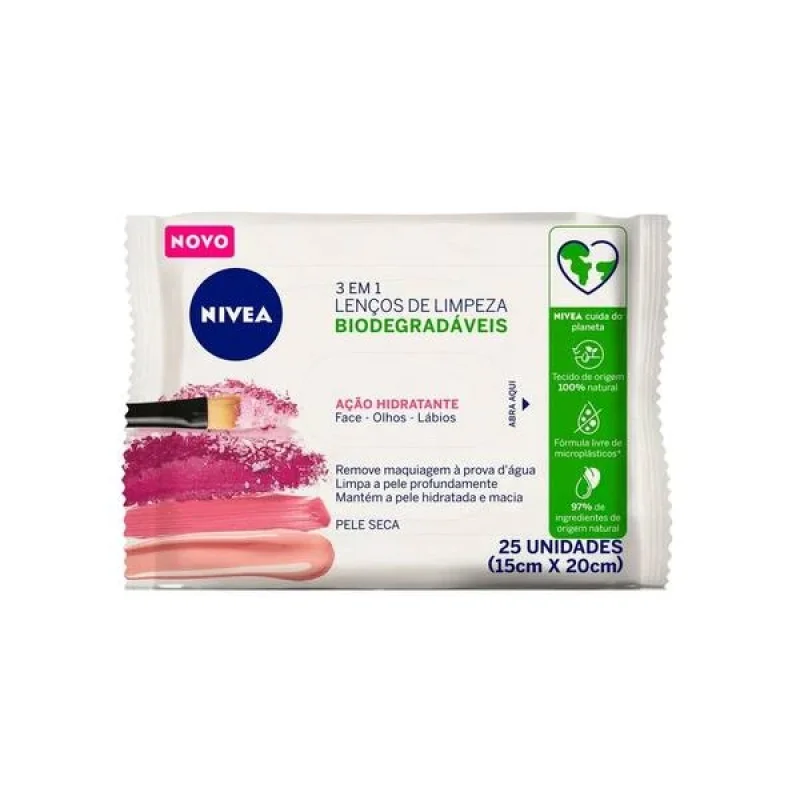 Lenço de Limpeza Demaquilante Nivea 3 em 1 Ação Hidratante pacote com 25 unidades