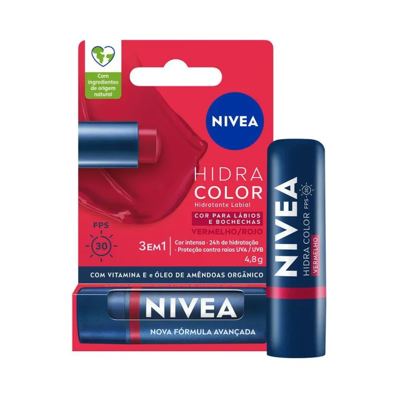 Hidratante Labial Nivea Hidra Color 3 em 1 Vermelho FPS 30 4,8g