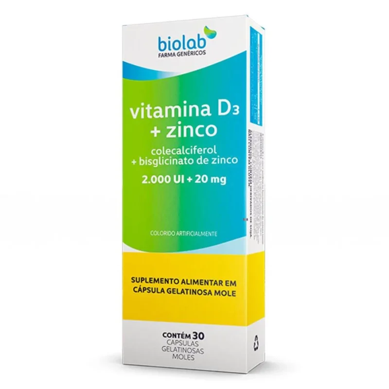 Vitamina D3 + Zinco Biolab 2000UI + 20mg, com 30 cápsulas