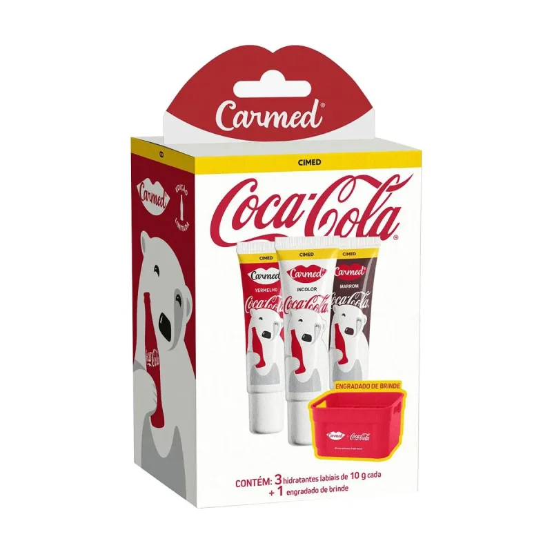 Kit Hidratante Labial Carmed Coca-Cola, com 3 unidades de 10g + Engradado