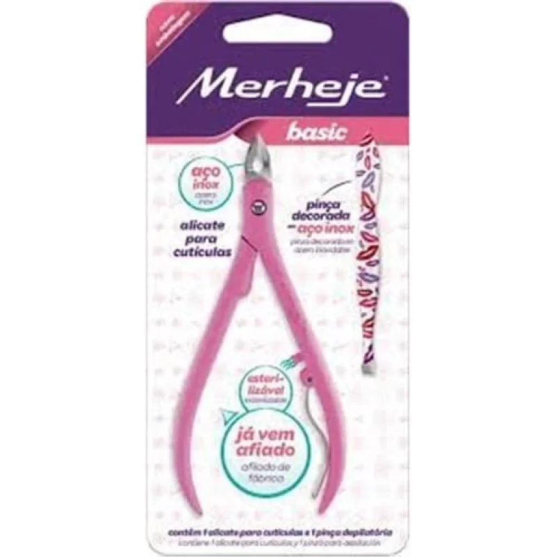 Alicate de Cutícula Merheje Basic Rosa, com Pinça Decorada