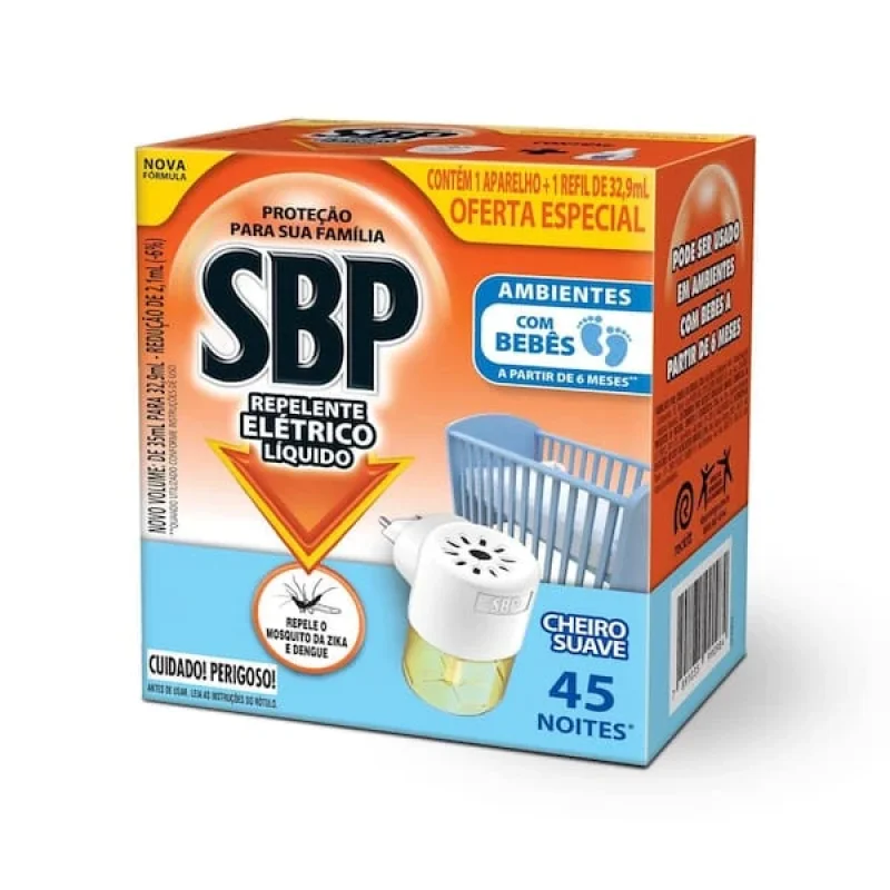 Kit Repelente Elétrico SBP 45 Noites Cheiro Suave, aparelho + refil 35ml