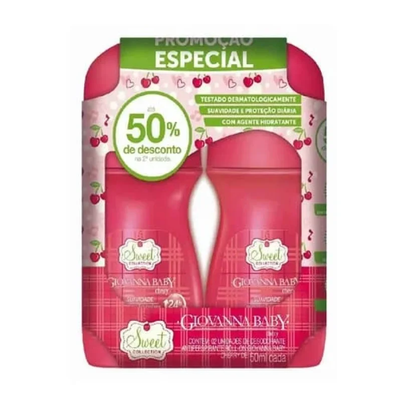 Desodorante Roll-on Giovanna Baby Sweet Cherry, com 2 Unidades de 50ml