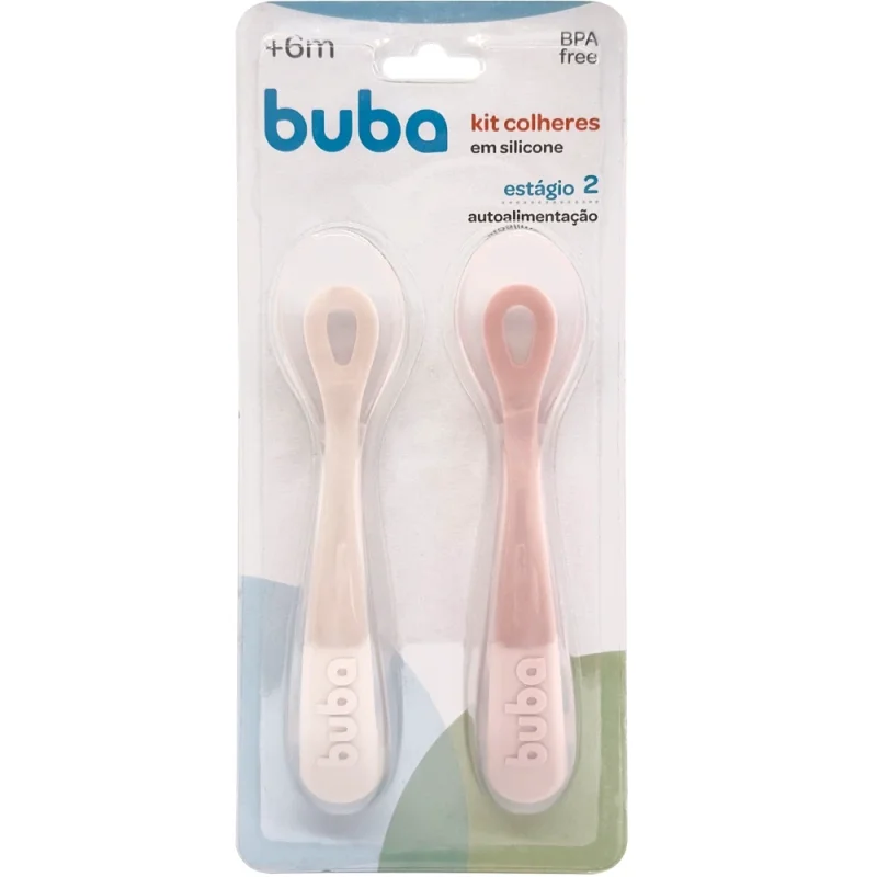 Kit Colheres em Silicone Buba Estágio 2 Rosa 6+ meses, com 2 unidades