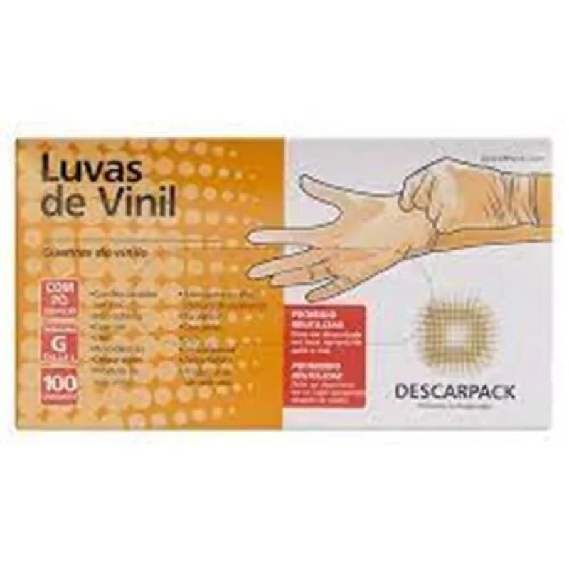 Luva de Vinil Descarpack Transparente com Pó Tam G caixa com 100 unidades