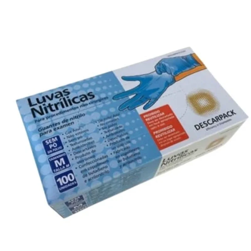 Luva Descartável Nitrílica Sem Pó Azul Descarpack M, com 100 unidades