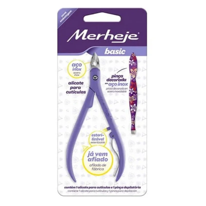 Kit Merheje Basic alicate de cutículas, lilás + pinça decorada, sortido