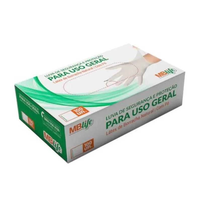 Luva Descartável Látex com Pó MBlife G, com 100 unidades