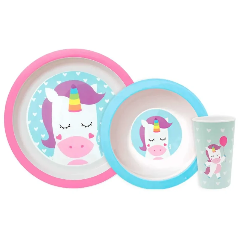 Kit Refeição Buba Baby Animal Fun unicórnio, sortido, copo + tigela + prato