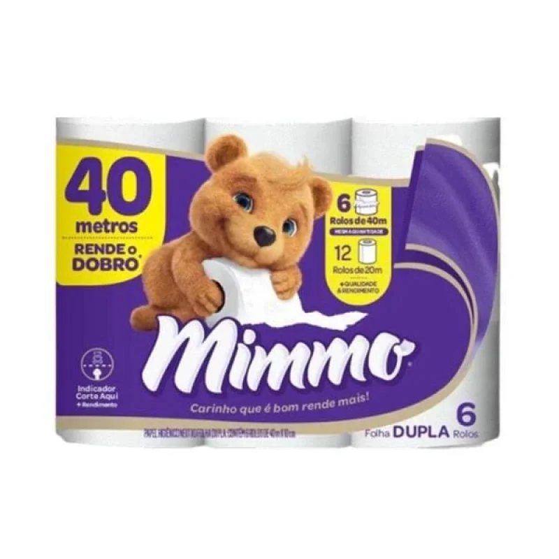 Papel Higiênico Mimmo Folha Dupla 40m, com 6 rolos
