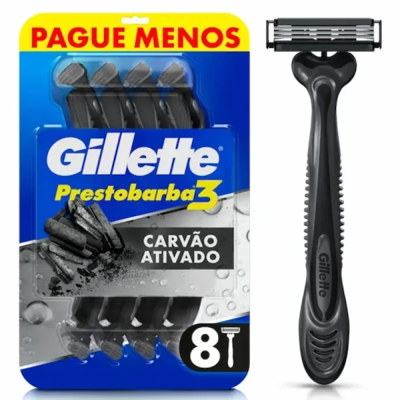 Aparelho de Barbear Descartável Gillette Prestobarba 3 Carbono, com 8 unidades
