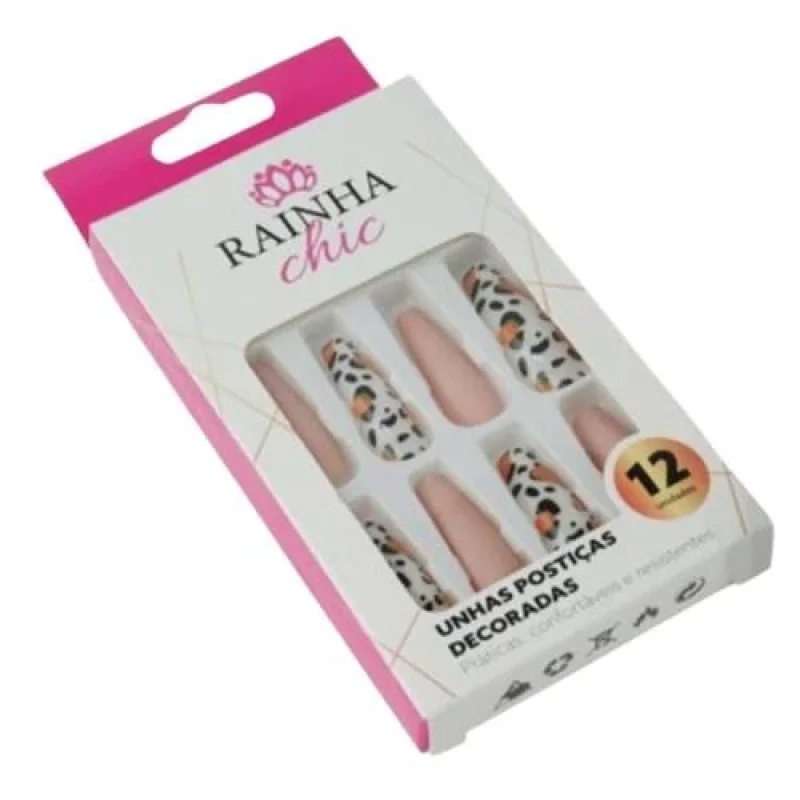 Rainha Chic Unhas Decoradas Onça 12 Unidades