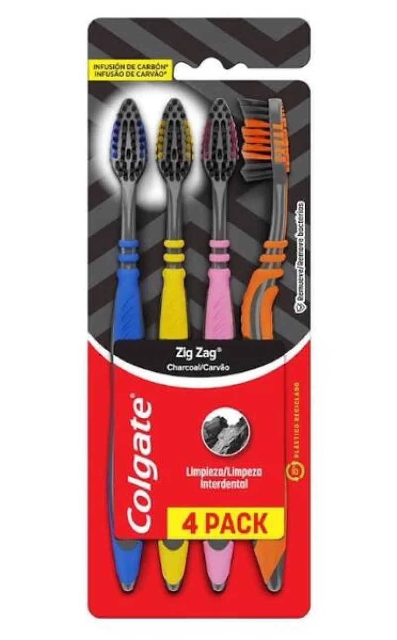 Escova Dental Colgate Zig Zag Carvão média, sortida com 4 unidades