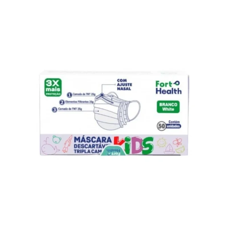 Máscara Descartável Tripla Camada Fort Health Kids Branca, com 50 unidades
