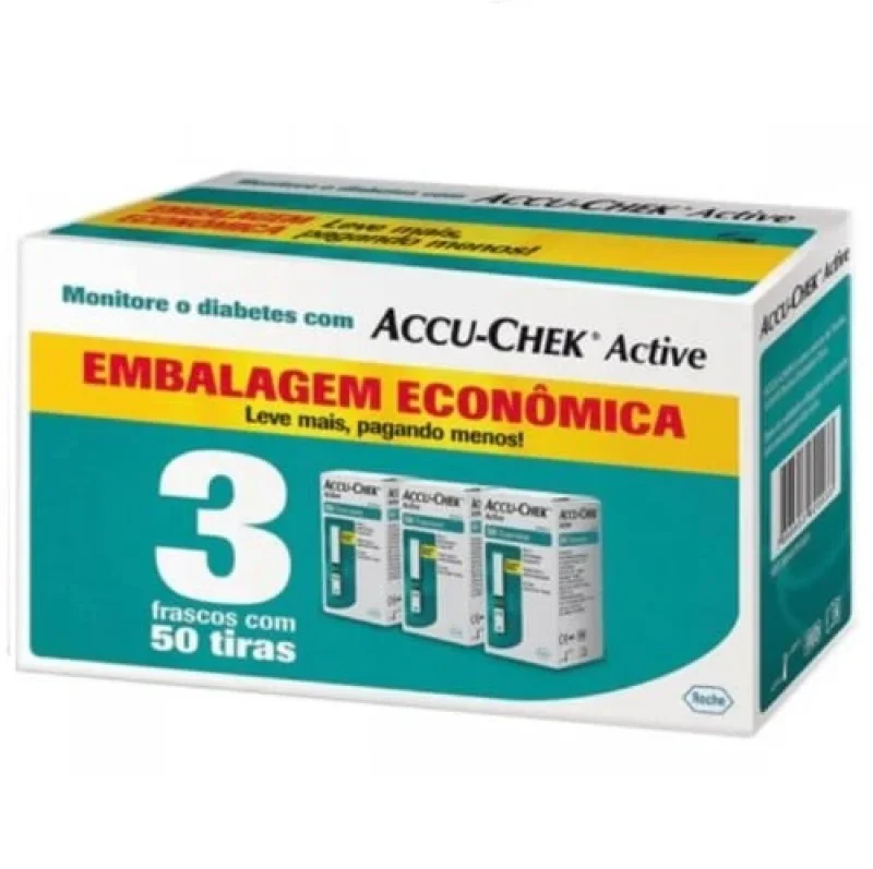 Tiras Medidoras para Controle de Glicemia Accu-Chek Active caixa com 3 frascos de 50 unidades cada