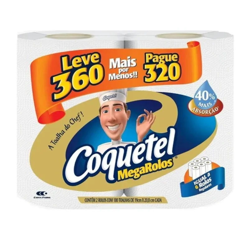 Toalha de Papel Coquetel Megarolos, com 360 folhas
