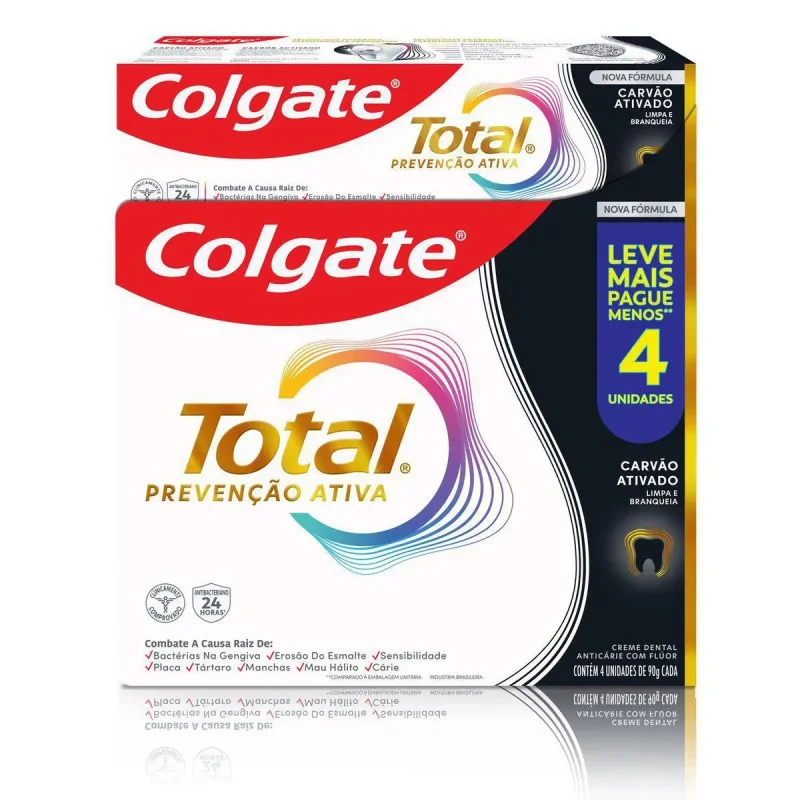 Creme Dental Colgate Total Prevenção Ativa Carvão Ativado 90g, com 4 unidades