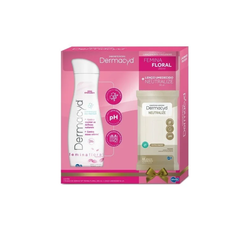 Kit Sabonete Líquido Íntimo Dermacyd Femina Floral 200ml + Lenço Umedecido Neutralize, com 16 unidades