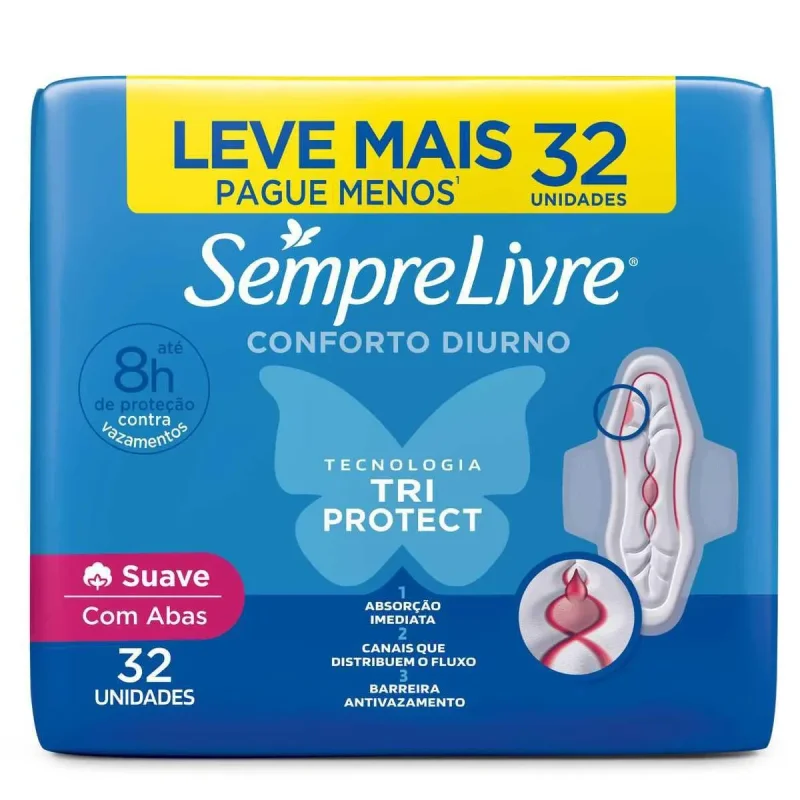 Absorvente Sempre Livre Adapt Plus Suave com Abas, com 32 unidades