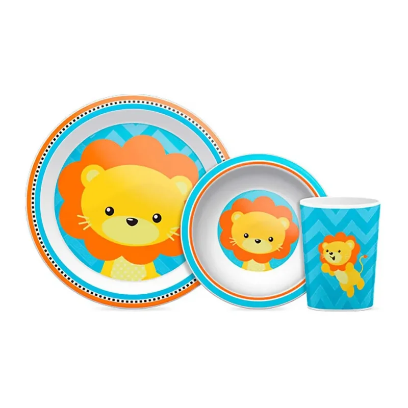 Kit Refeição Buba Baby Animal Fun leão, sortido, copo + tigela + prato