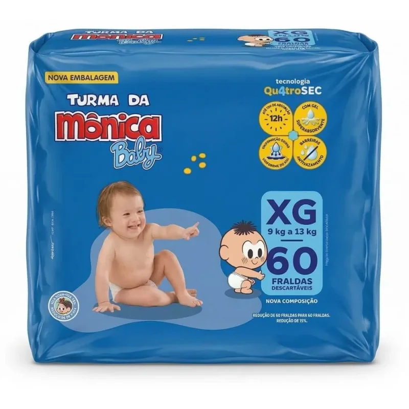 Fralda Turma da Mônica Baby XG, com 60 unidades