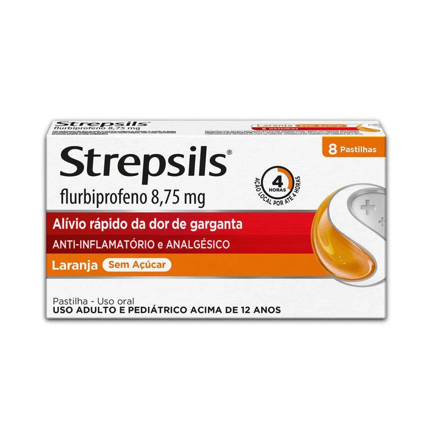 Pastilha para Garganta com Anti-inflamatório e Analgésico Strepsils Sabor Laranja Sem Açúcar - 8 unidades (1/1)