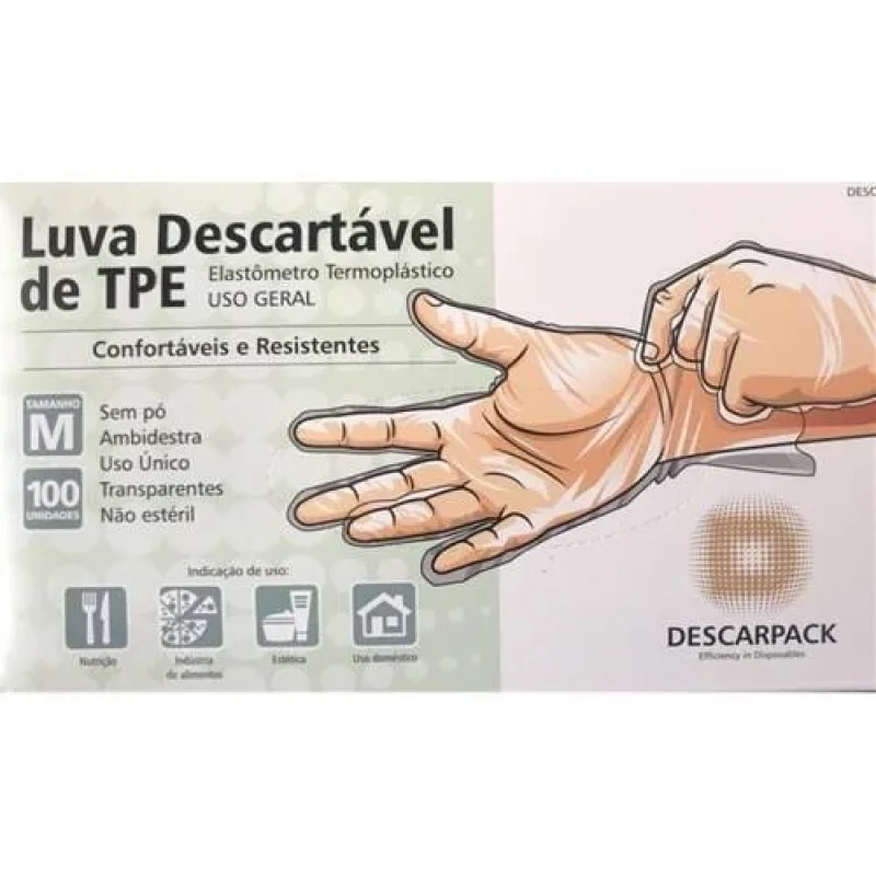Luva Descartável Tpe Tamanho M Descarpack caixa com 100 Unidades