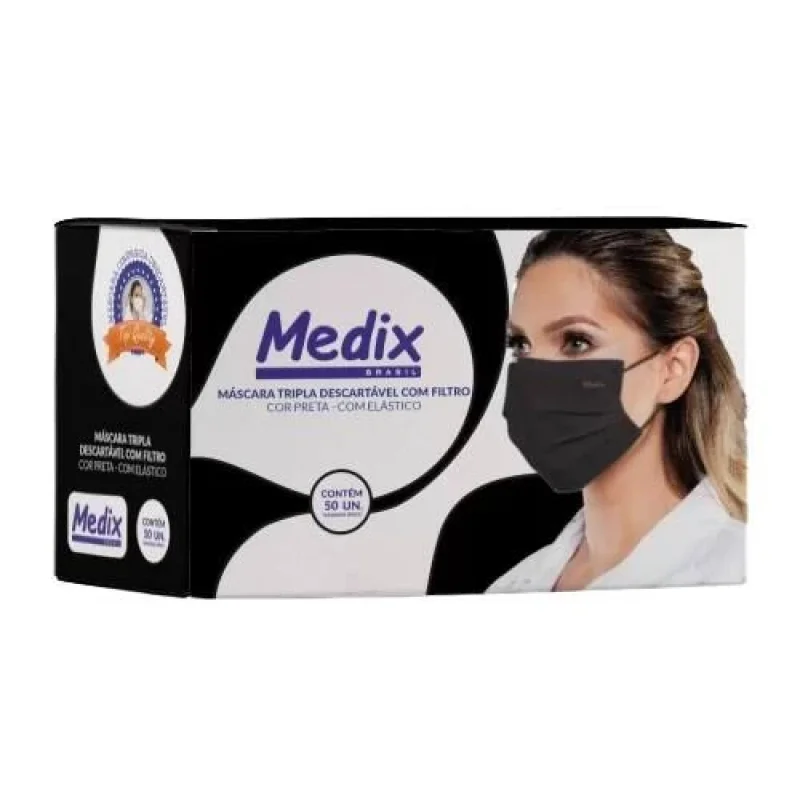 Máscara Tripla Descartável Medix com Filtro Preta com Elástico, com 50 unidades