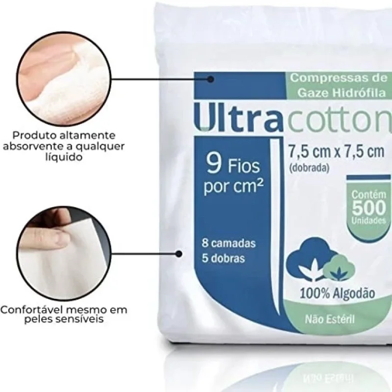 Compressa de Gaze Clean Não Estéril 9 Fios 7,5x7,5cm, com 500 unidades