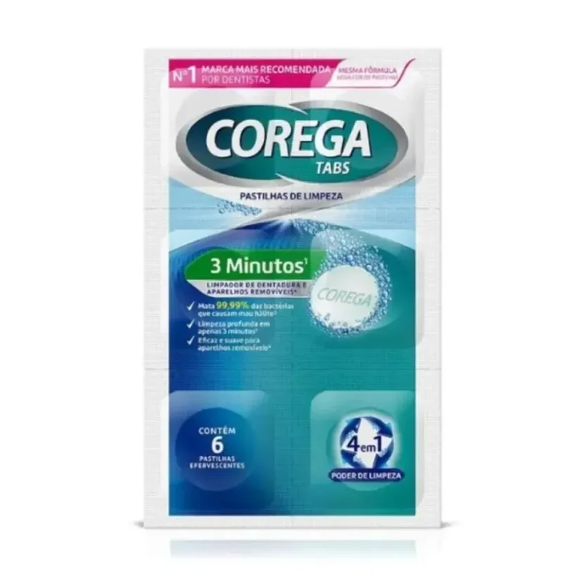 Limpador de Dentadura Corega Tabs 3 Minutos, com 6 pastilhas efervescentes