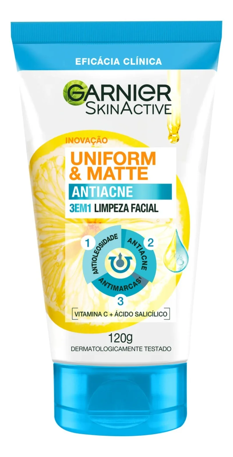 Sabonete Antiacne Limpeza Facial 3 em 1 Garnier SkinActive Uniform & Matte 120g