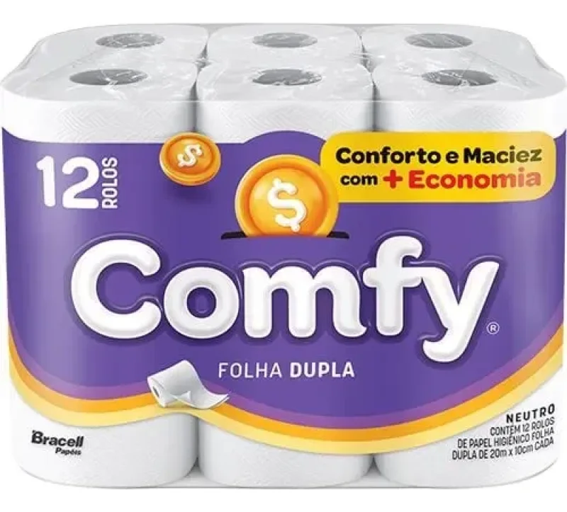 Papel Higiênico Comfy Folha Dupla 20m, com 12 rolos