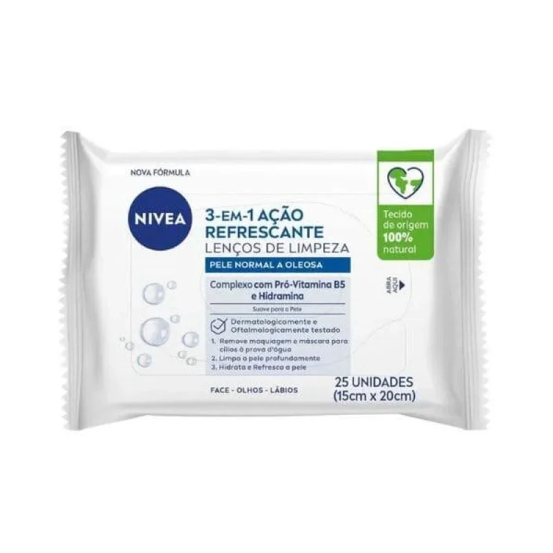 Lenço de Limpeza Demaquilante 3 em 1 Nivea Ação Refrescante pacote com 25 unidades