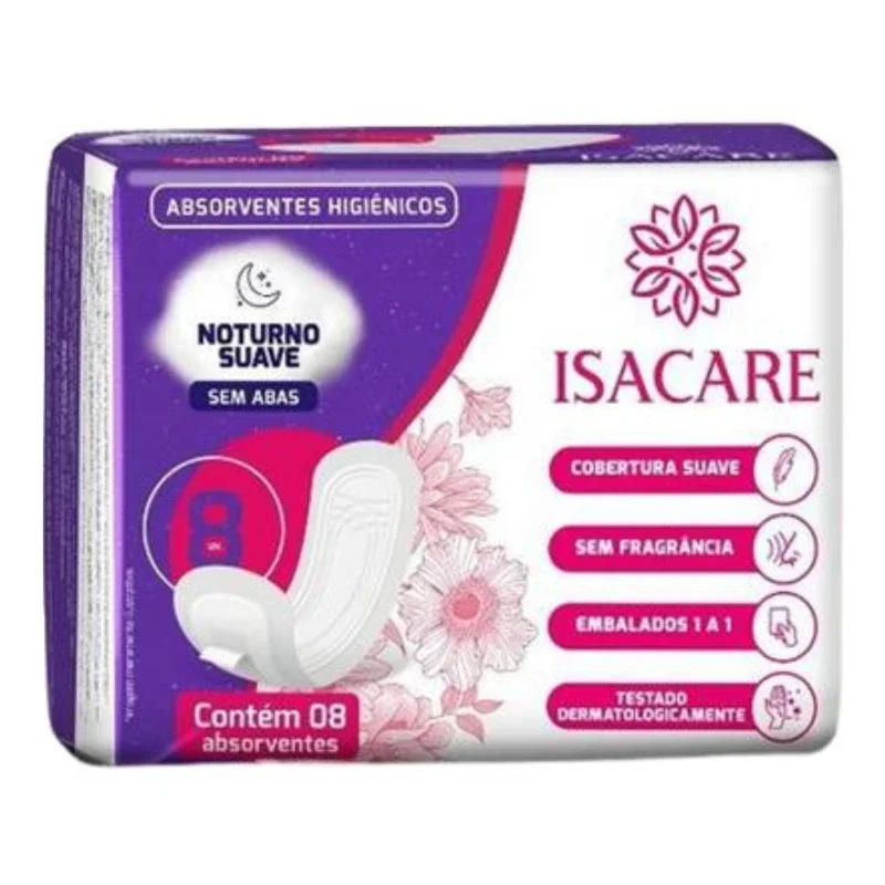 Absorvente Noturno Isacare sem Abas Suave, com 8 unidades