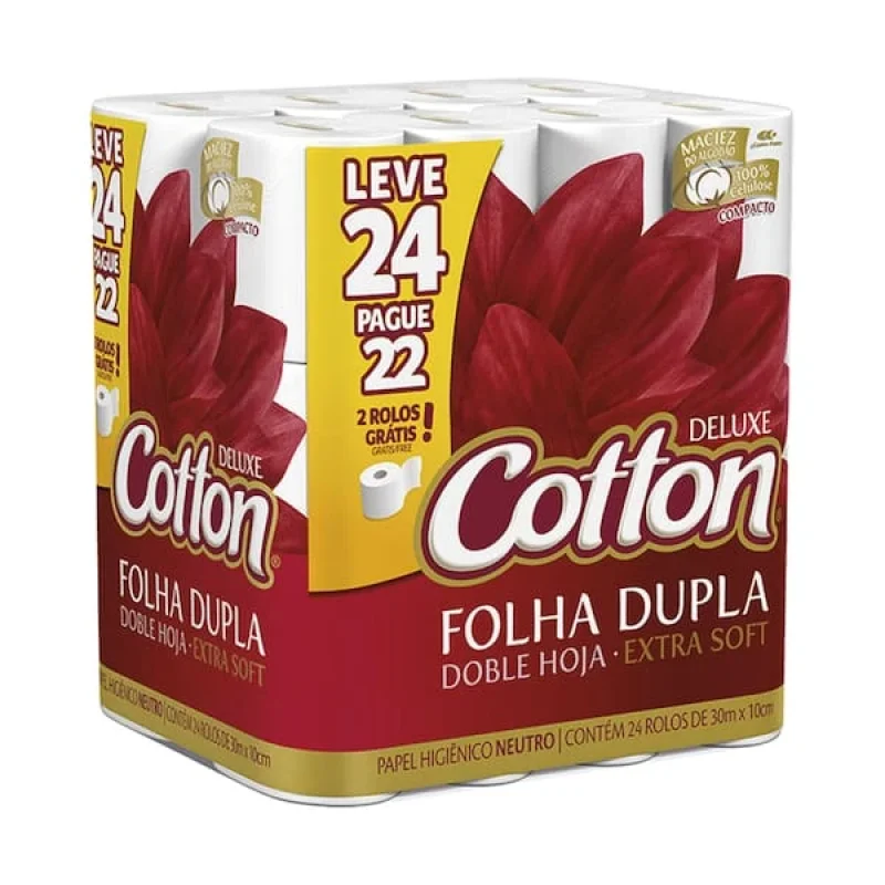Papel Higiênico Cotton Folha Dupla 30m, com 24 rolos
