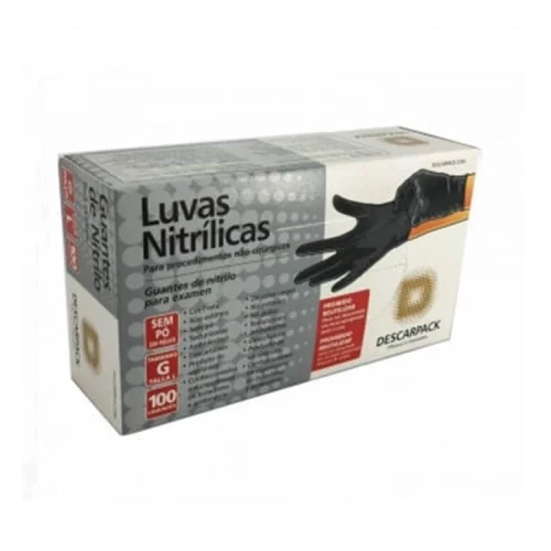 Luva Descartável Nitrílica Sem Pó Preta Descarpack G, com 100 unidades